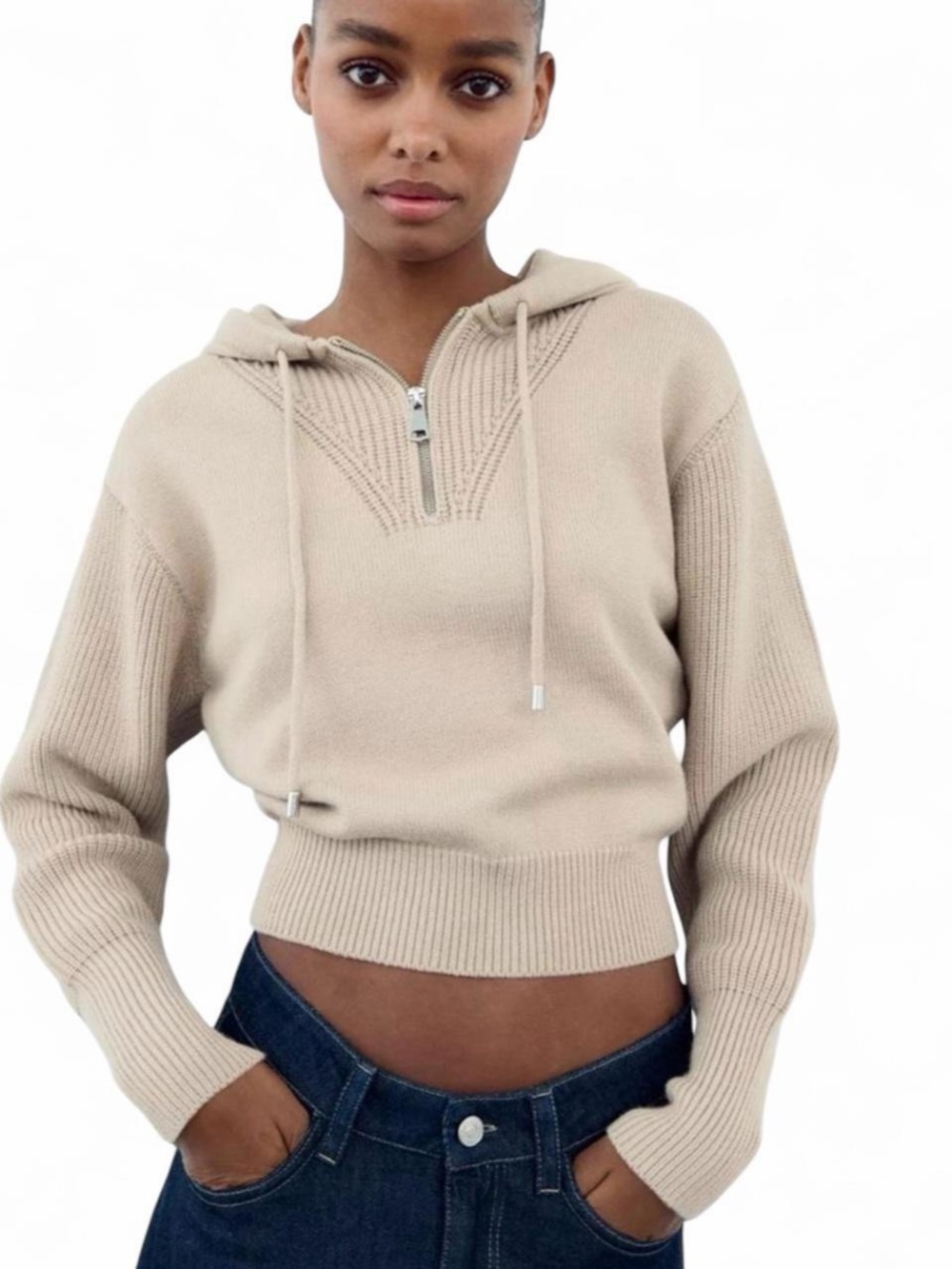 Zara hooded knit sweater 
tan, size small